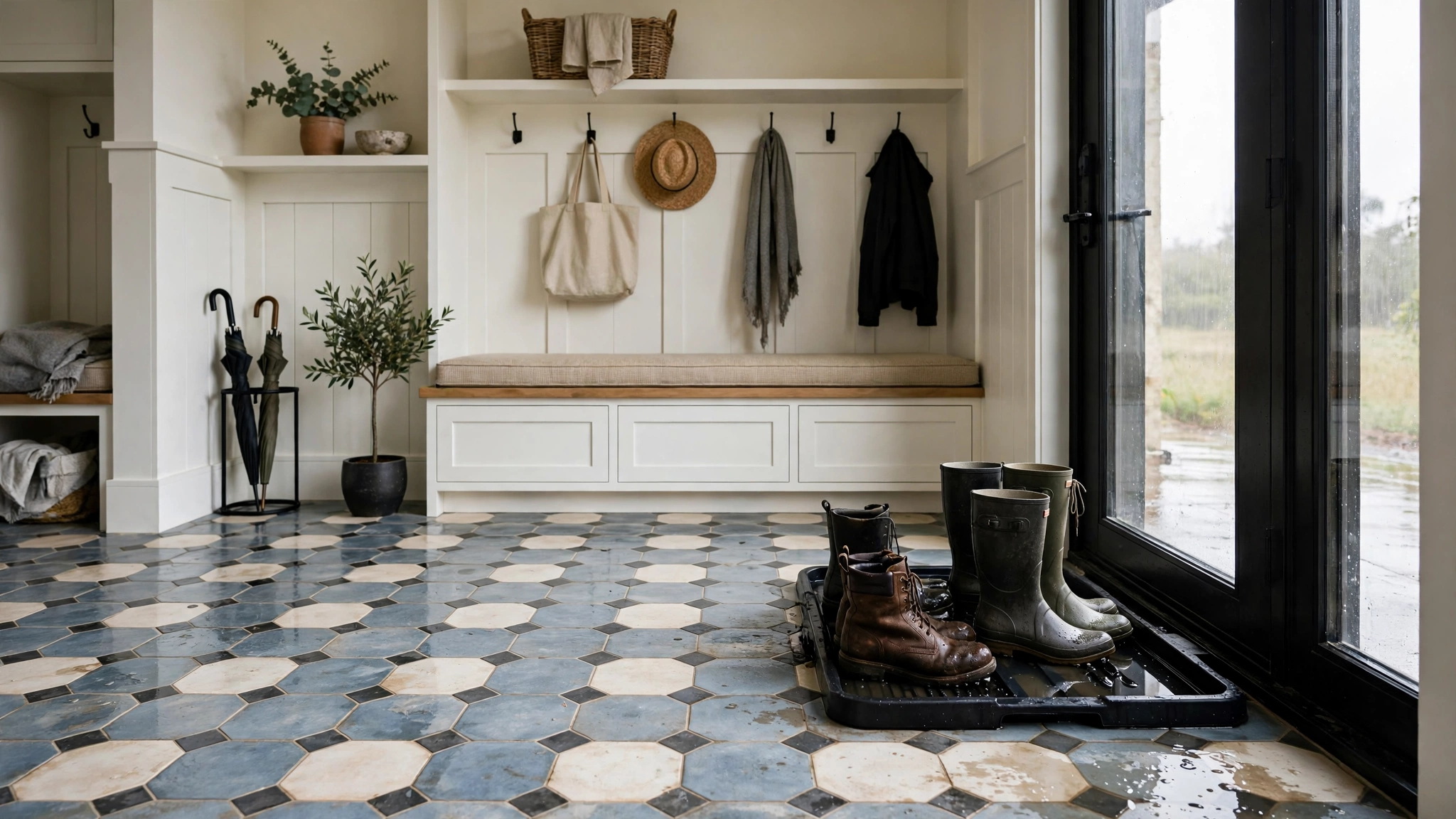 Durable mudroom flooring in large-format tile that hides dirt and handles wet boots