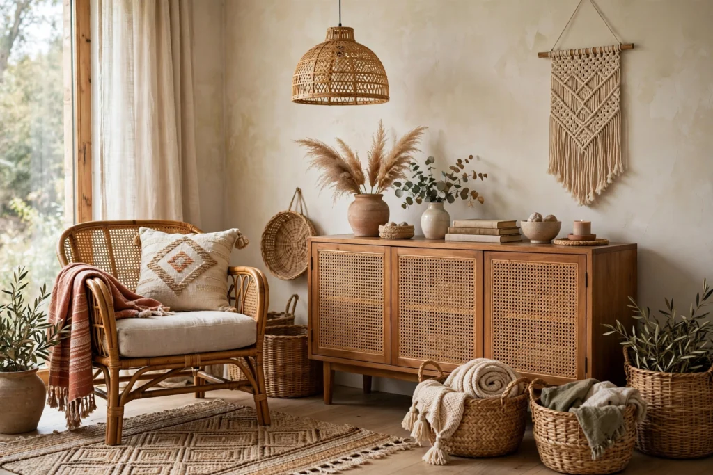 Boho living room design ideas with rattan armchair, cane credenza and woven baskets