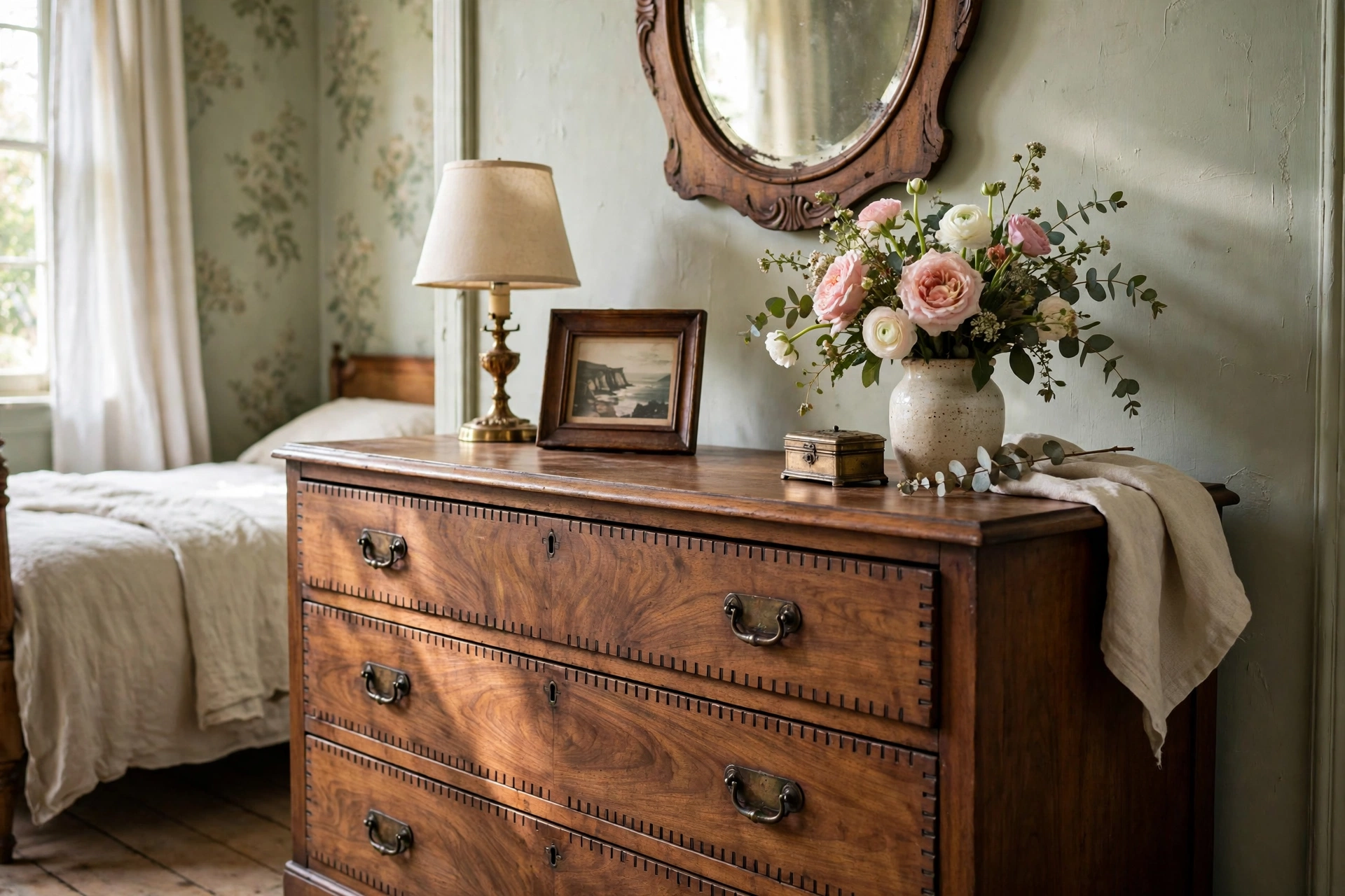 Vintage bedroom design ideas with an antique wooden dresser styled with lamp and flowers