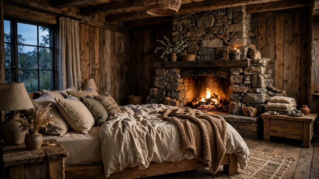Rustic bedroom design ideas with a stacked stone fireplace glowing opposite the bed