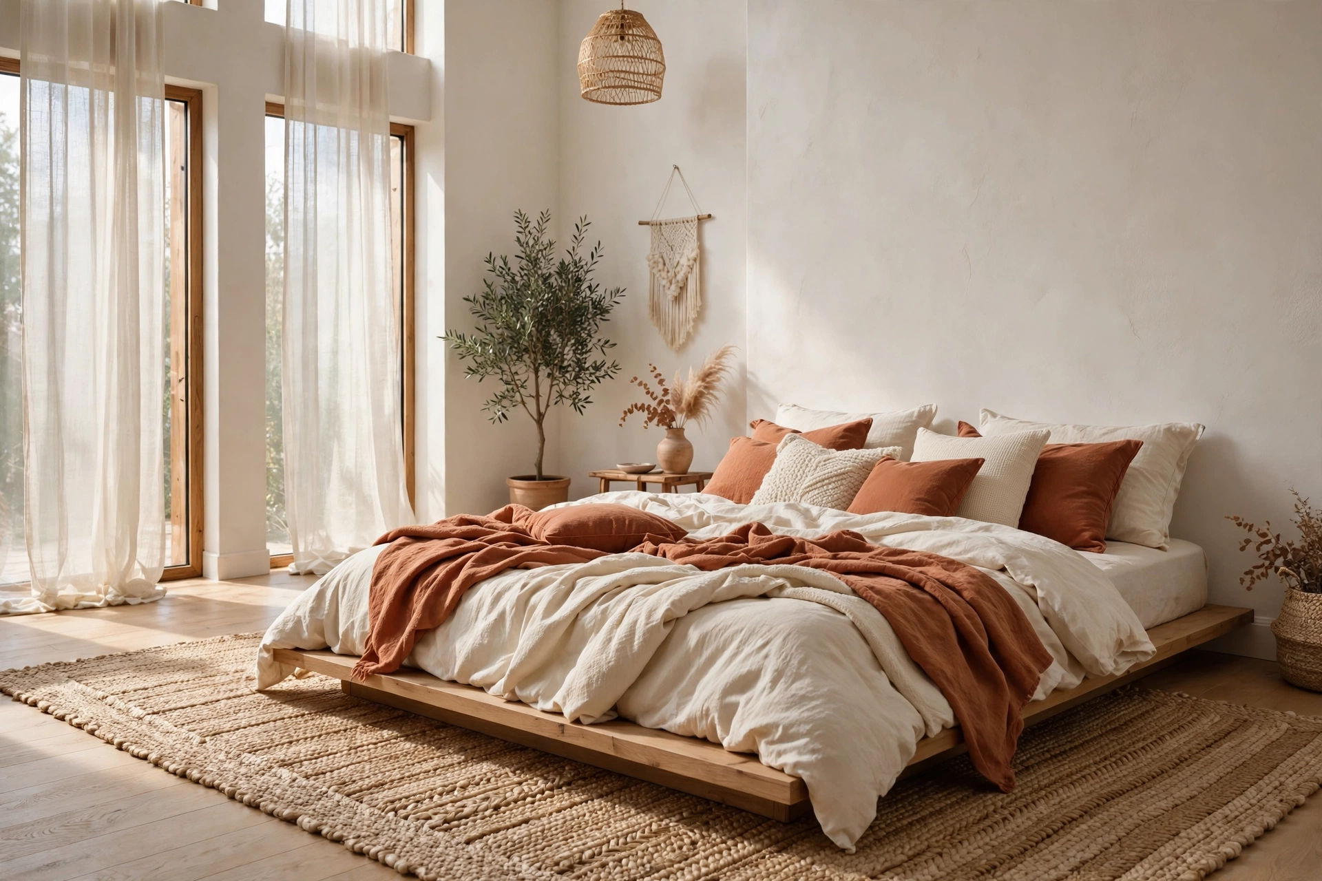 Low wooden platform bed with piled bedding in a boho bedroom