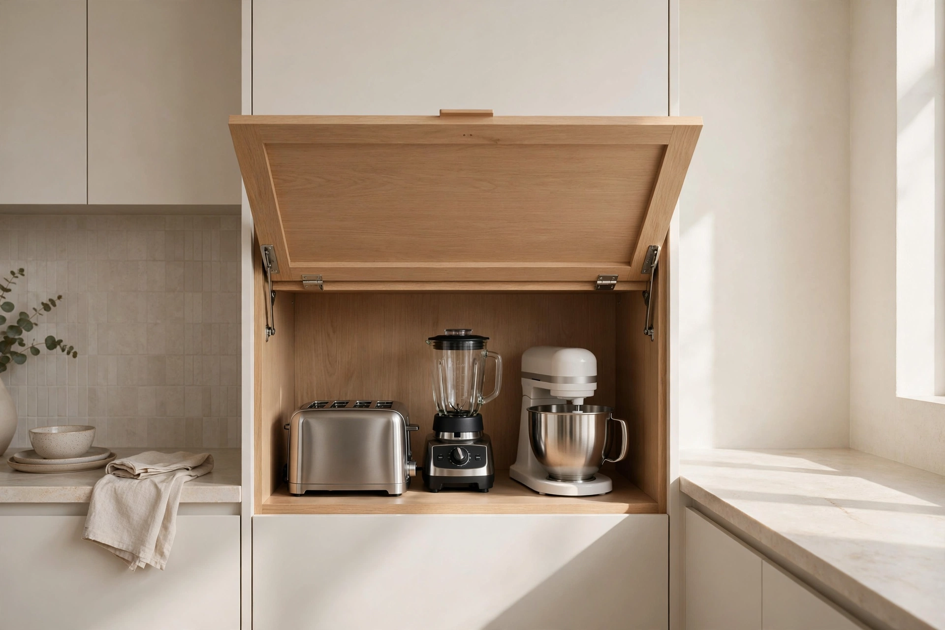 Minimalist kitchen design ideas with small appliances hidden inside an appliance garage