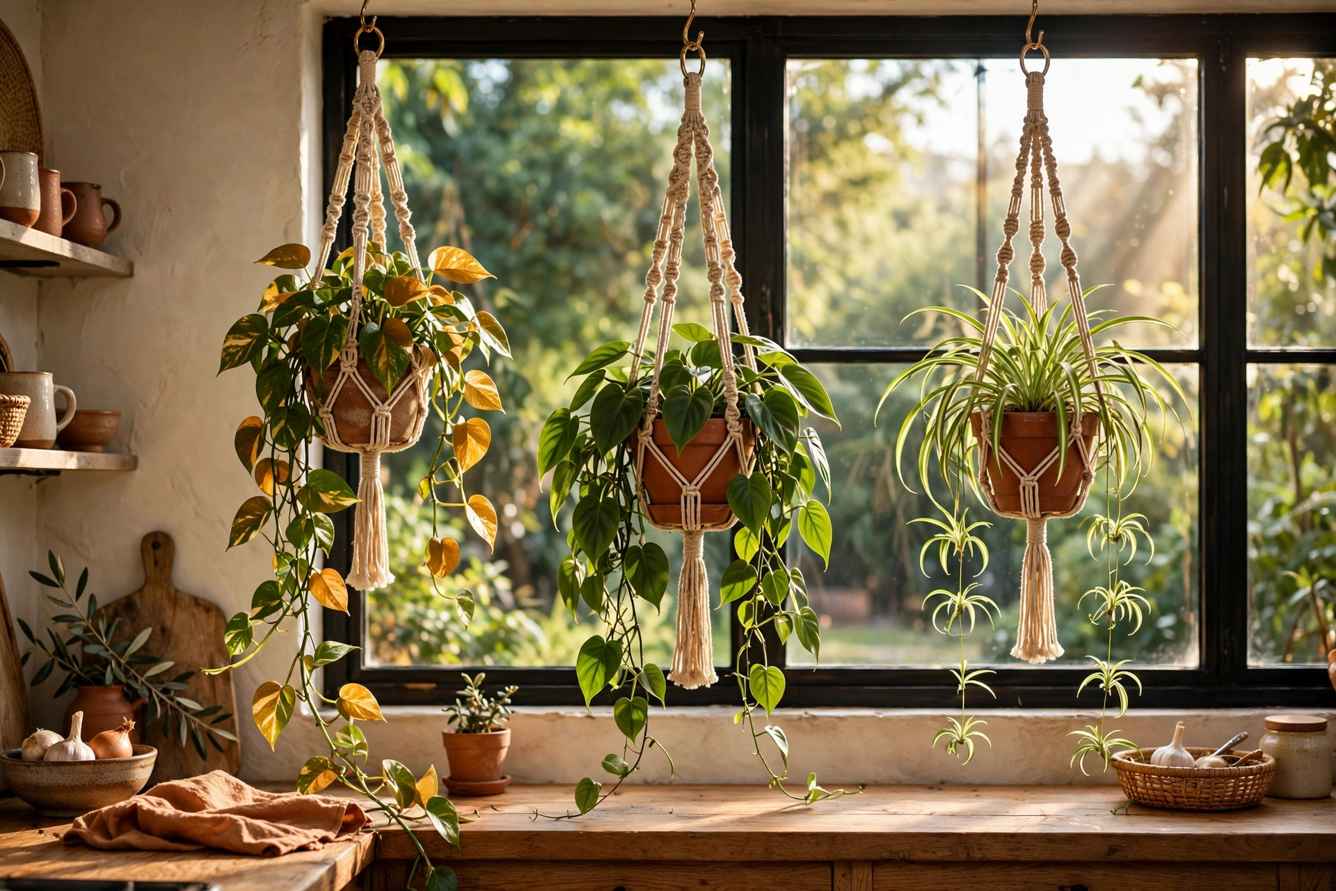 Boho kitchen design ideas with trailing pothos and herbs in macramé hangers suspended above a sunny kitchen window