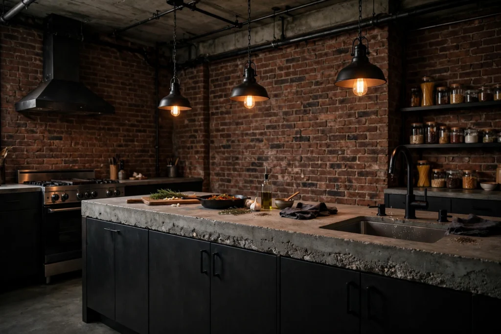 Industrial kitchen design ideas with thick concrete countertops, matte black cabinets and exposed brick wall