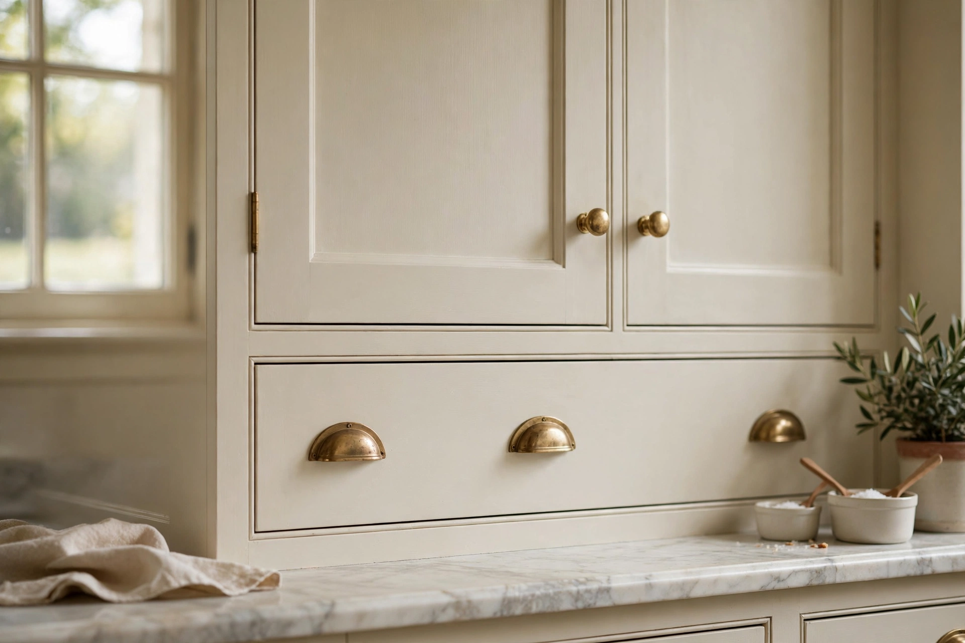 Traditional kitchen design ideas with unlacquered brass knobs and cup pulls on cream shaker cabinetry