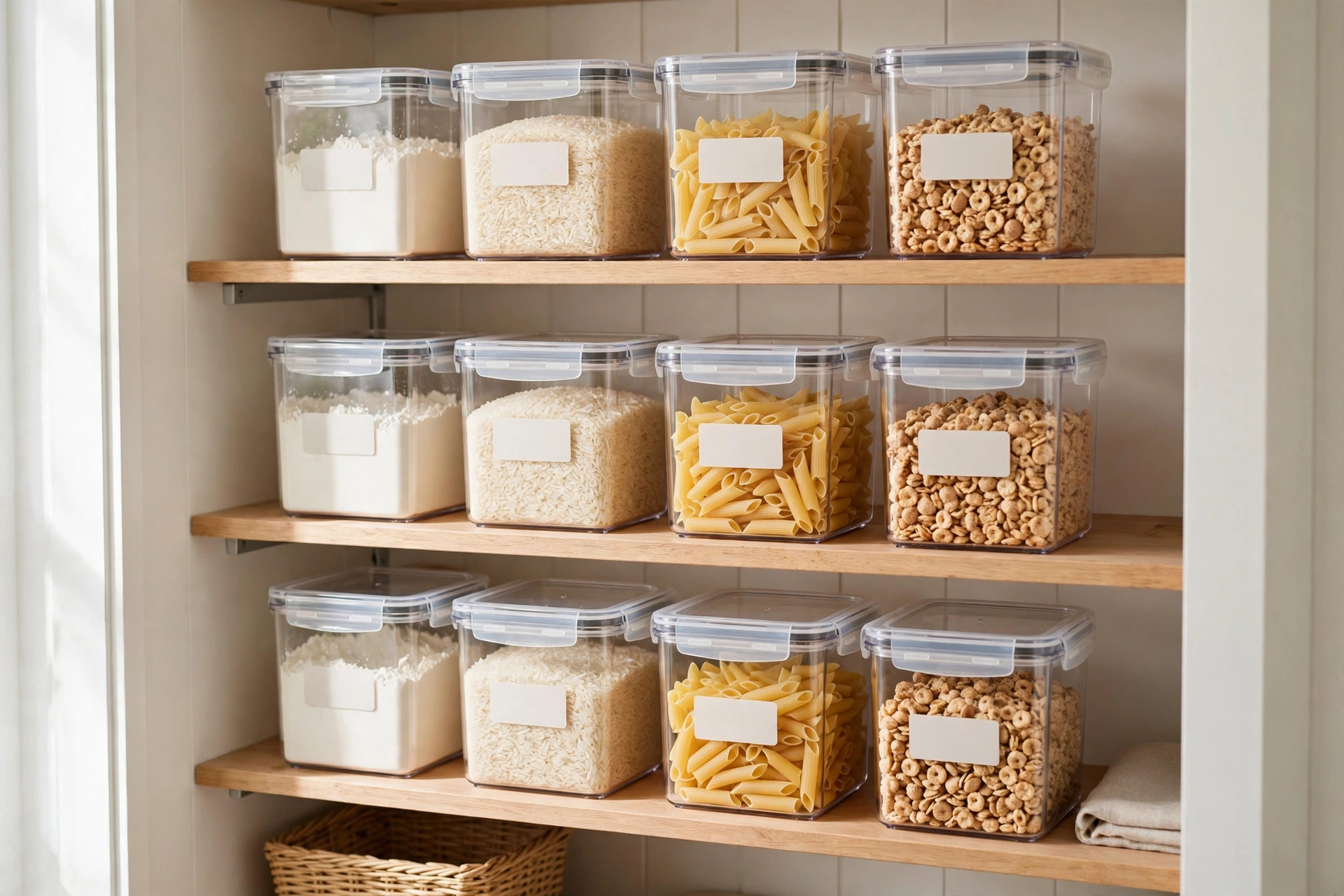 Clear airtight containers of flour, rice and pasta neatly stacked in a small pantry