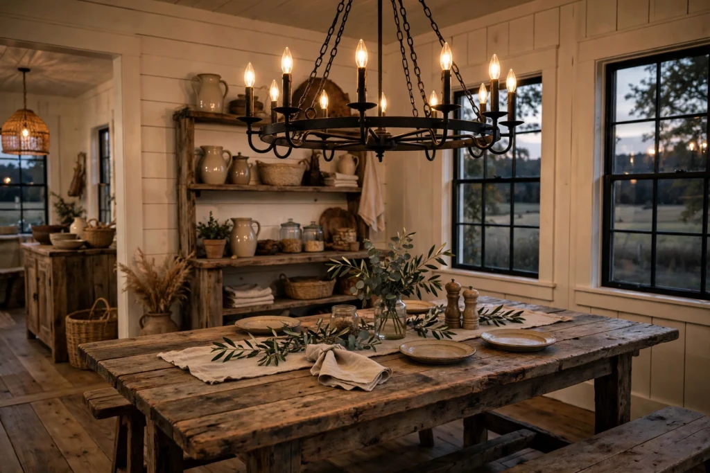Black iron farmhouse chandelier with candle bulbs hanging over a wood dining table
