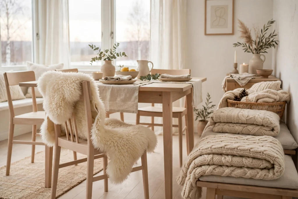 Sheepskin draped over a dining chair with a wool throw in a cozy Scandinavian dining room