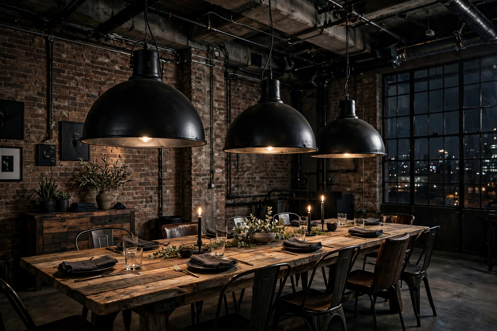 Oversized black metal dome pendants hanging low over an industrial dining table