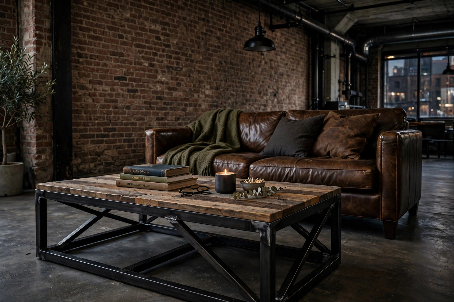 Blackened steel and reclaimed wood coffee table in an industrial living room