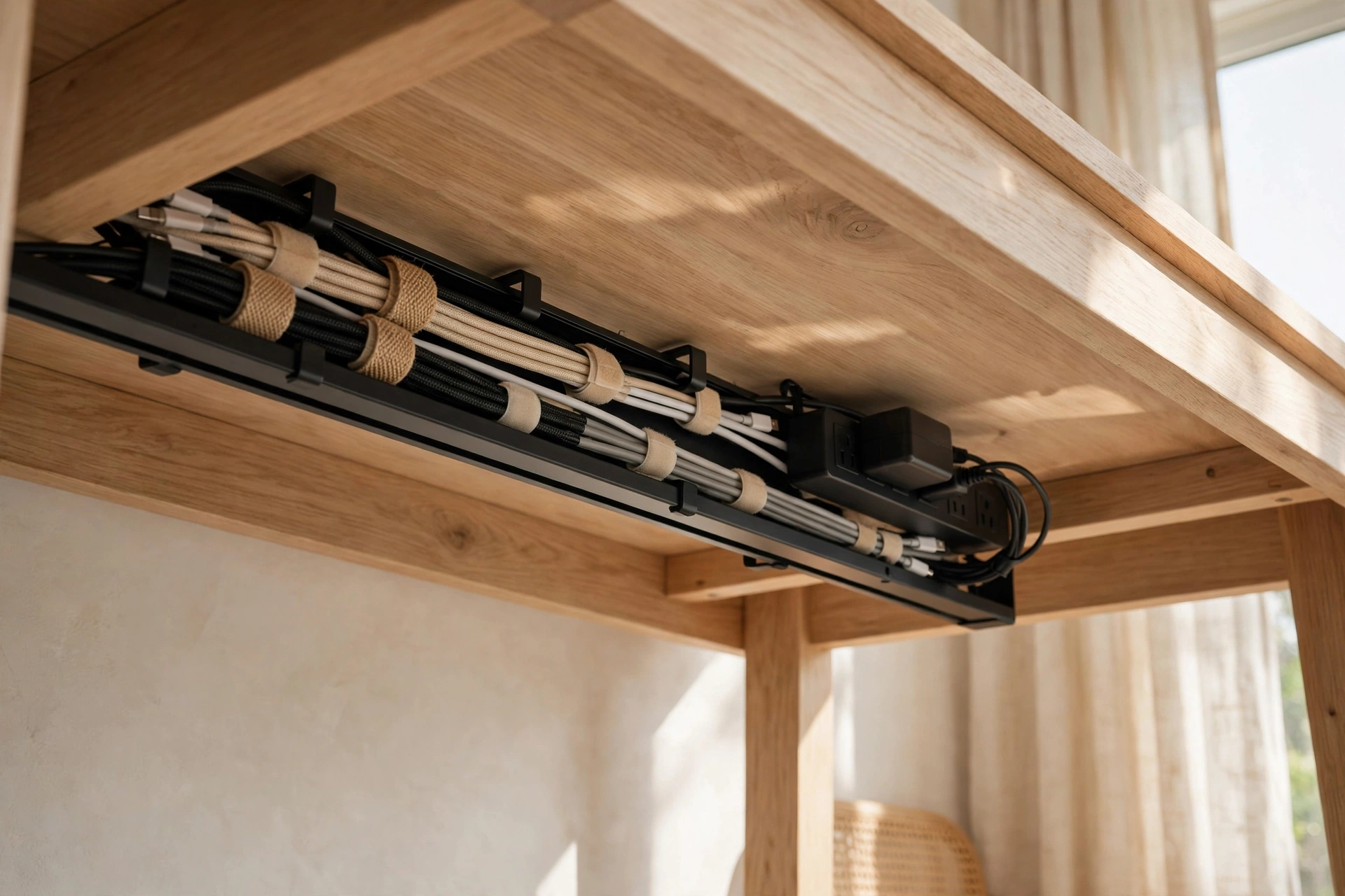 Tidy hidden cable tray under a wooden desk in a minimalist Japandi home office