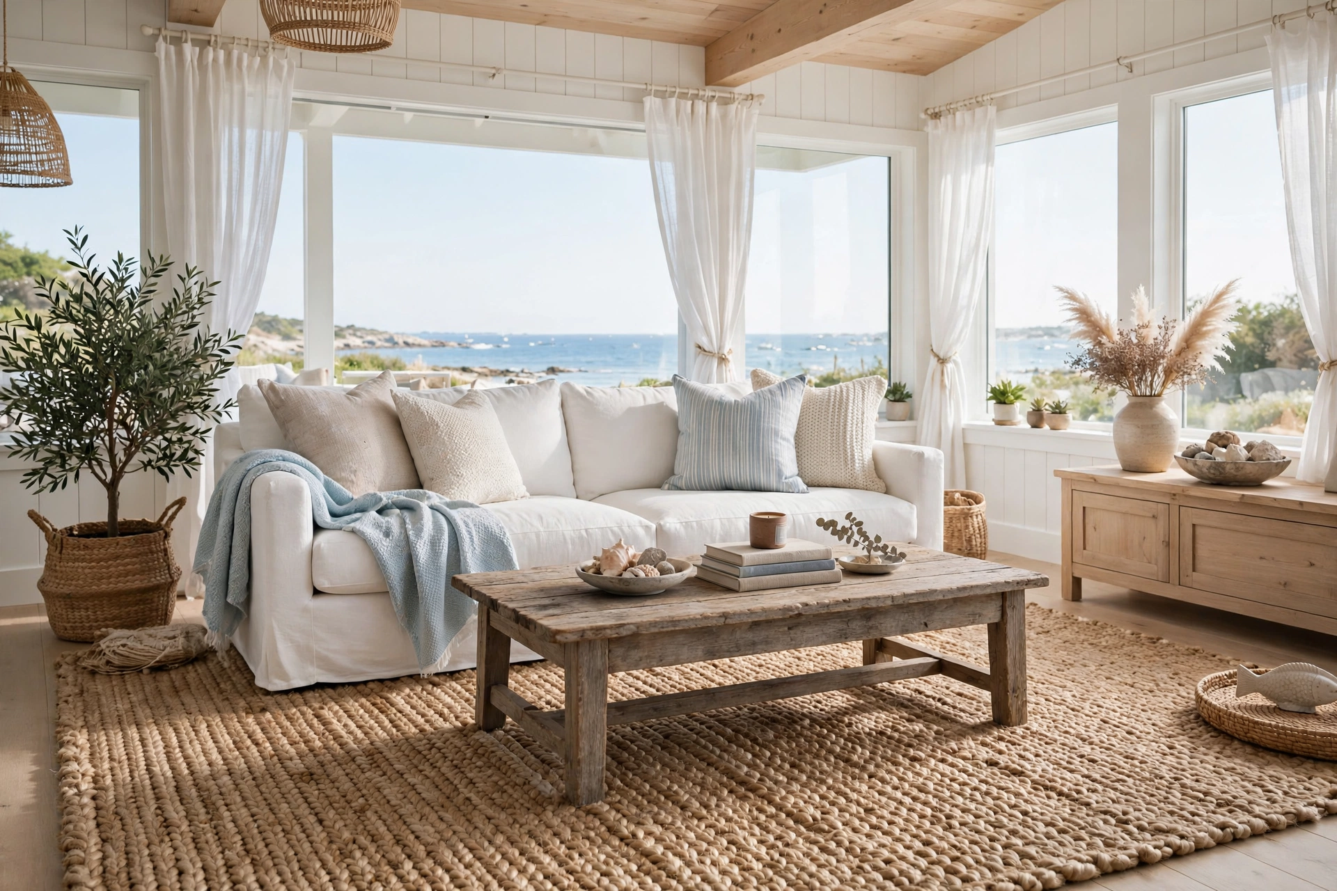 Coastal living room design ideas with a natural jute rug grounding the seating area