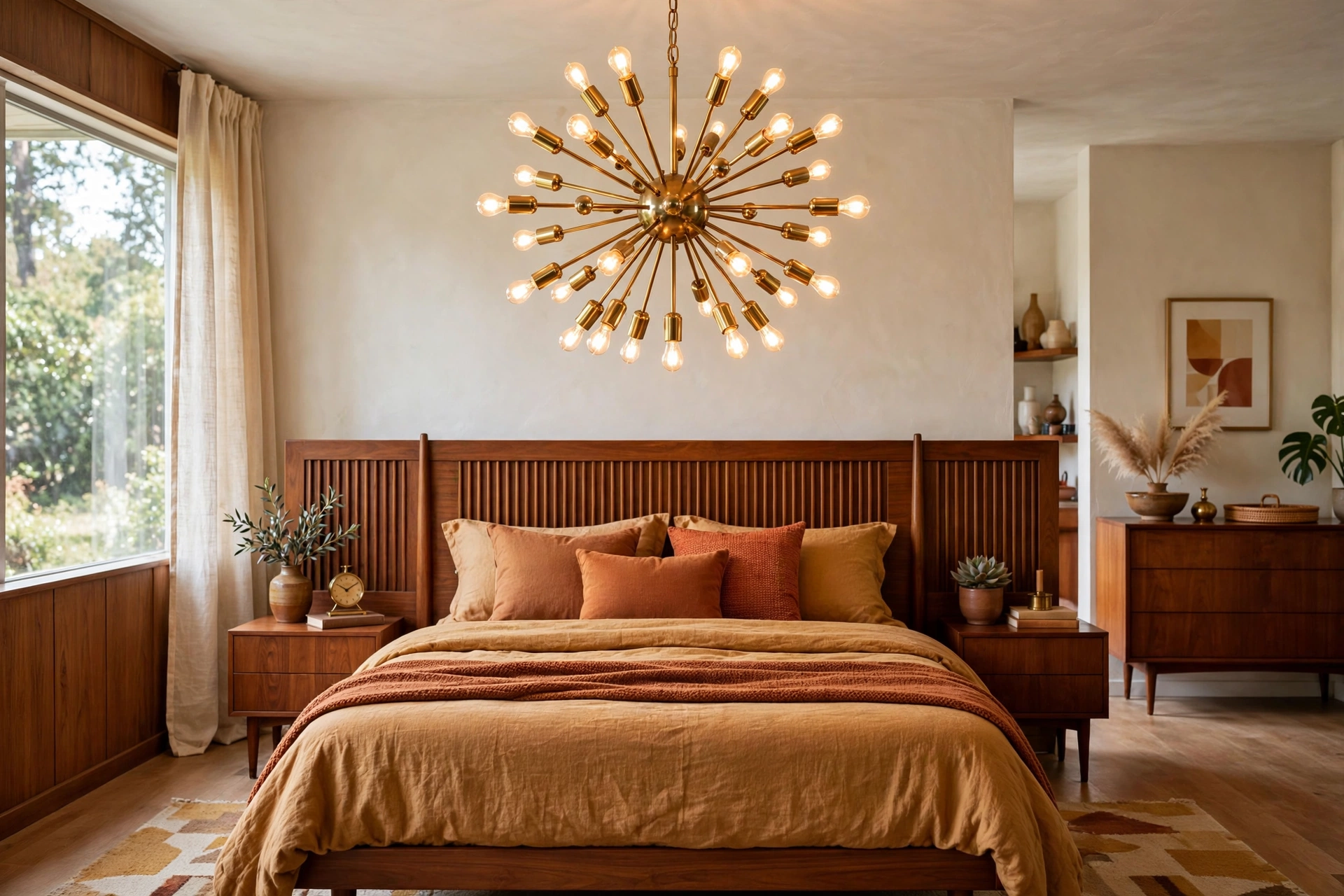 Brass starburst chandelier glowing above a mid-century modern bed with retro styling
