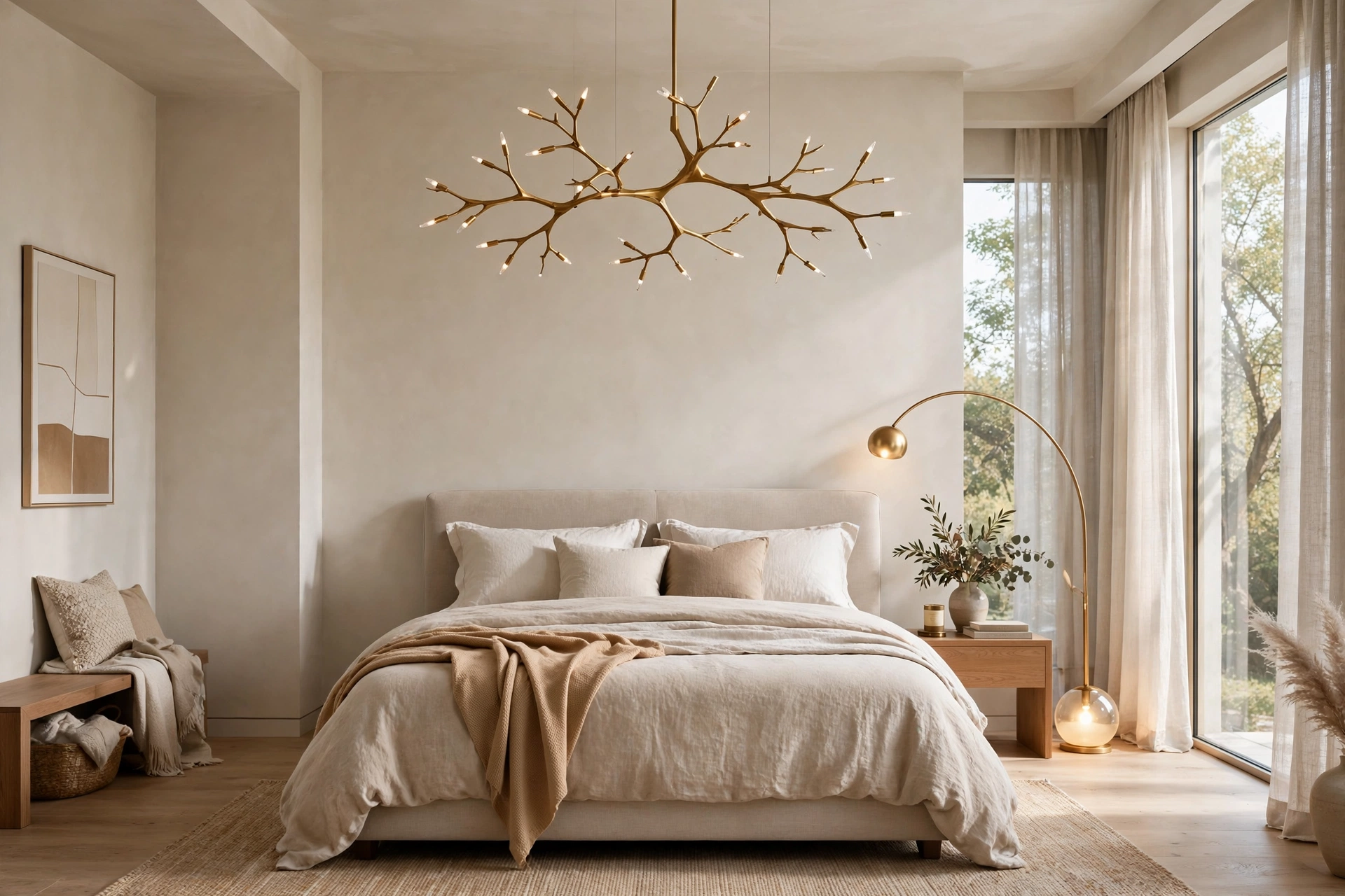 Sculptural branching chandelier and arc floor lamp in a sleek contemporary bedroom