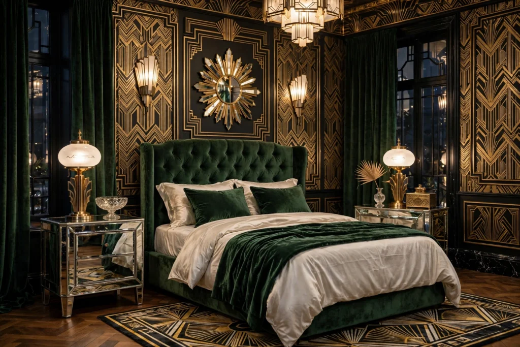 Art deco bedroom design ideas with mirrored nightstands flanking a velvet bed
