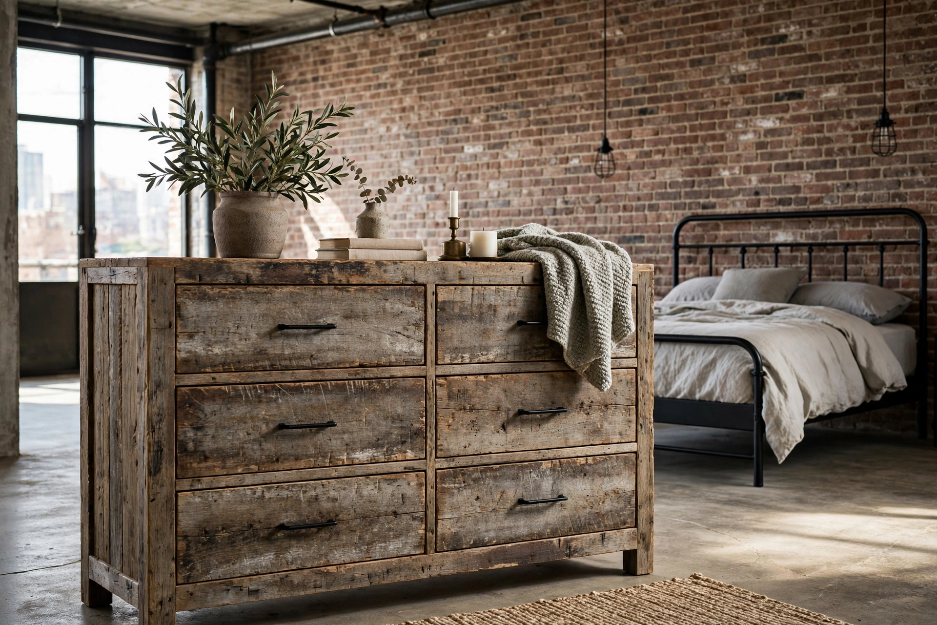 Reclaimed wood dresser with weathered patina in an industrial bedroom