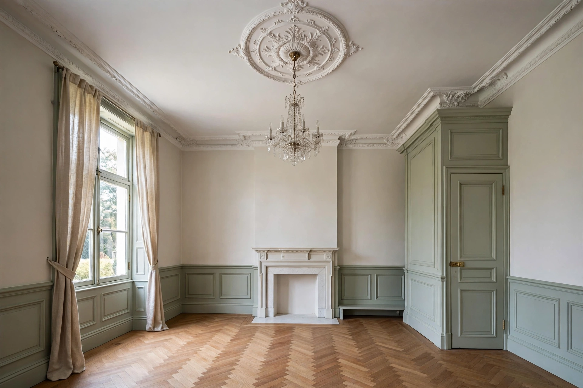 Traditional bedroom design ideas with crown molding, wainscoting and a ceiling medallion