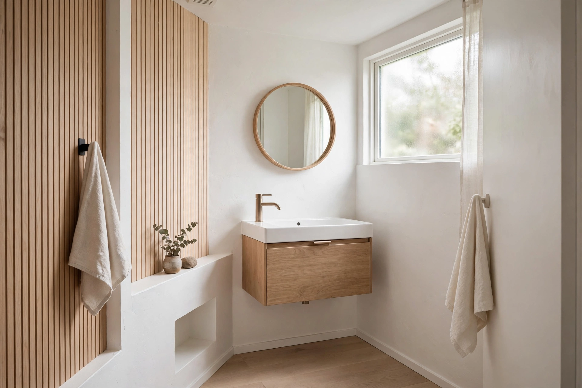 Scandinavian bathroom design ideas with a wall-mounted floating vanity and clear floor space