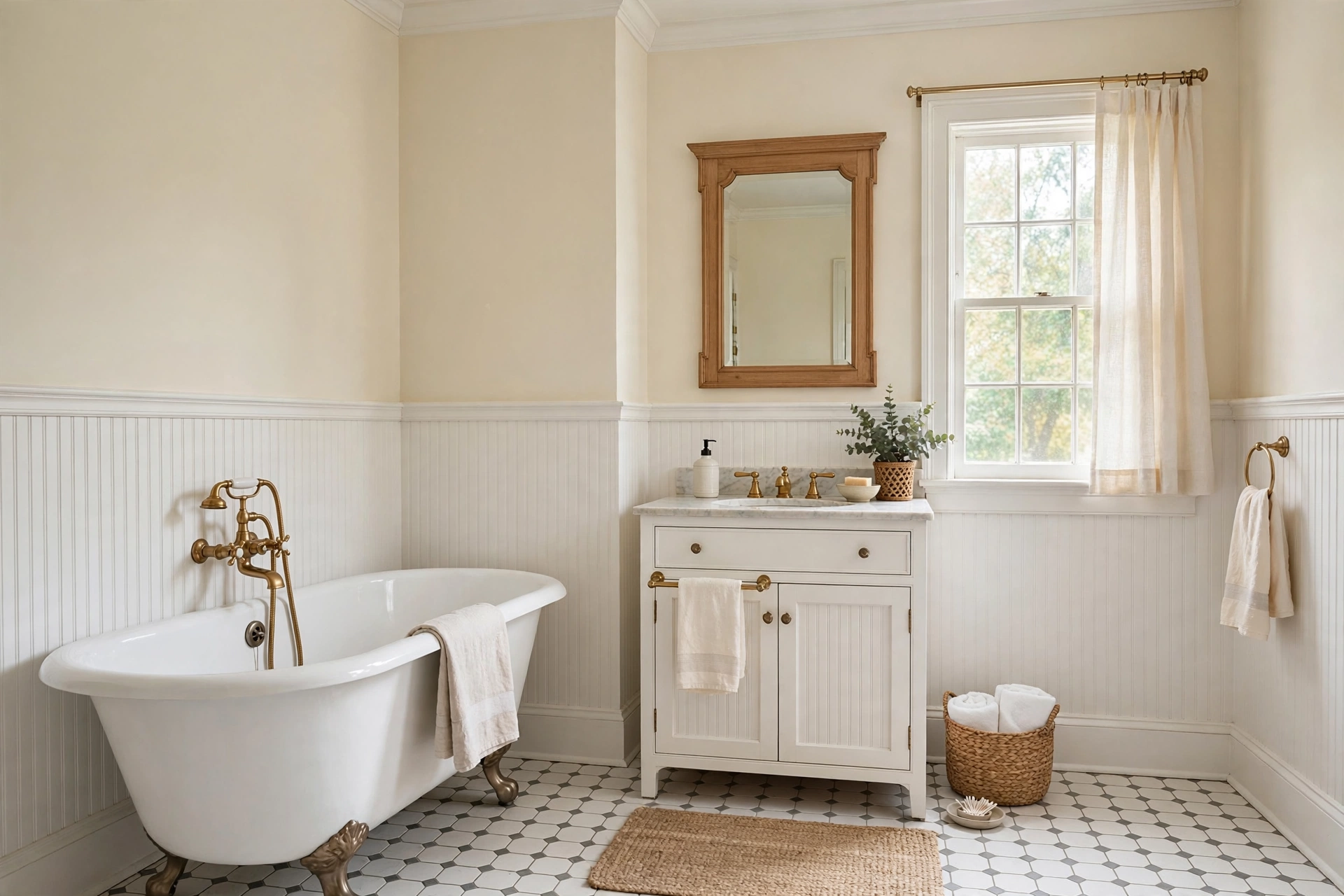 Traditional bathroom with white beadboard wainscoting and chair rail on the walls