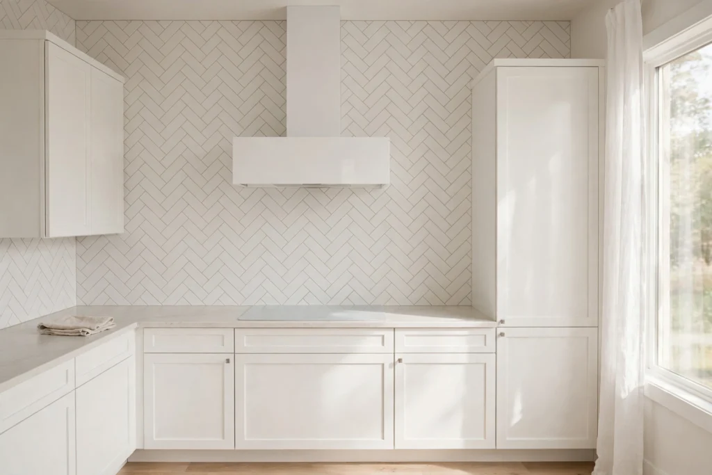 White beadboard wainscoting with pale blue-gray walls in a coastal bathroom