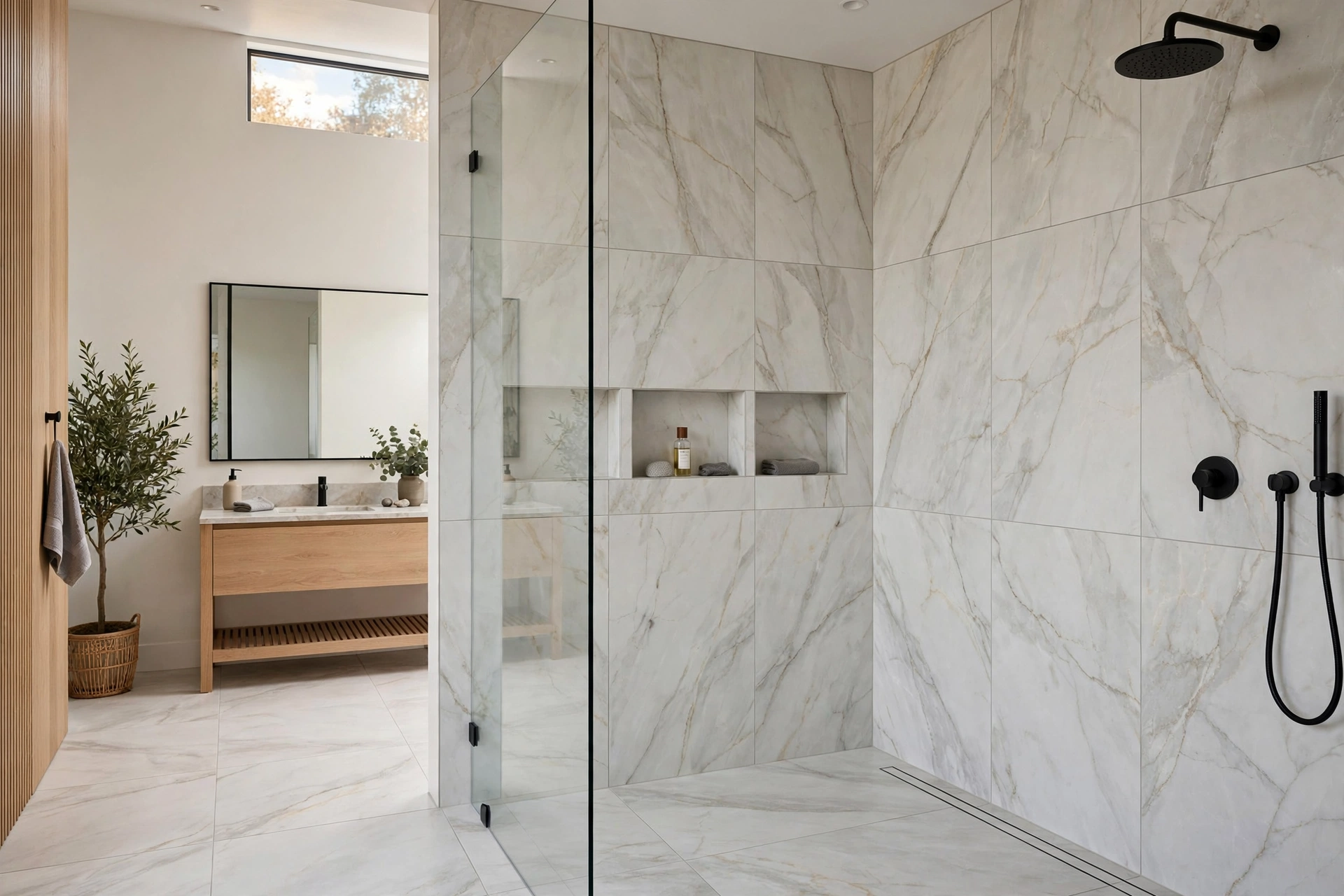 Walk-in shower with large-format marble-look porcelain tiles and minimal grout lines