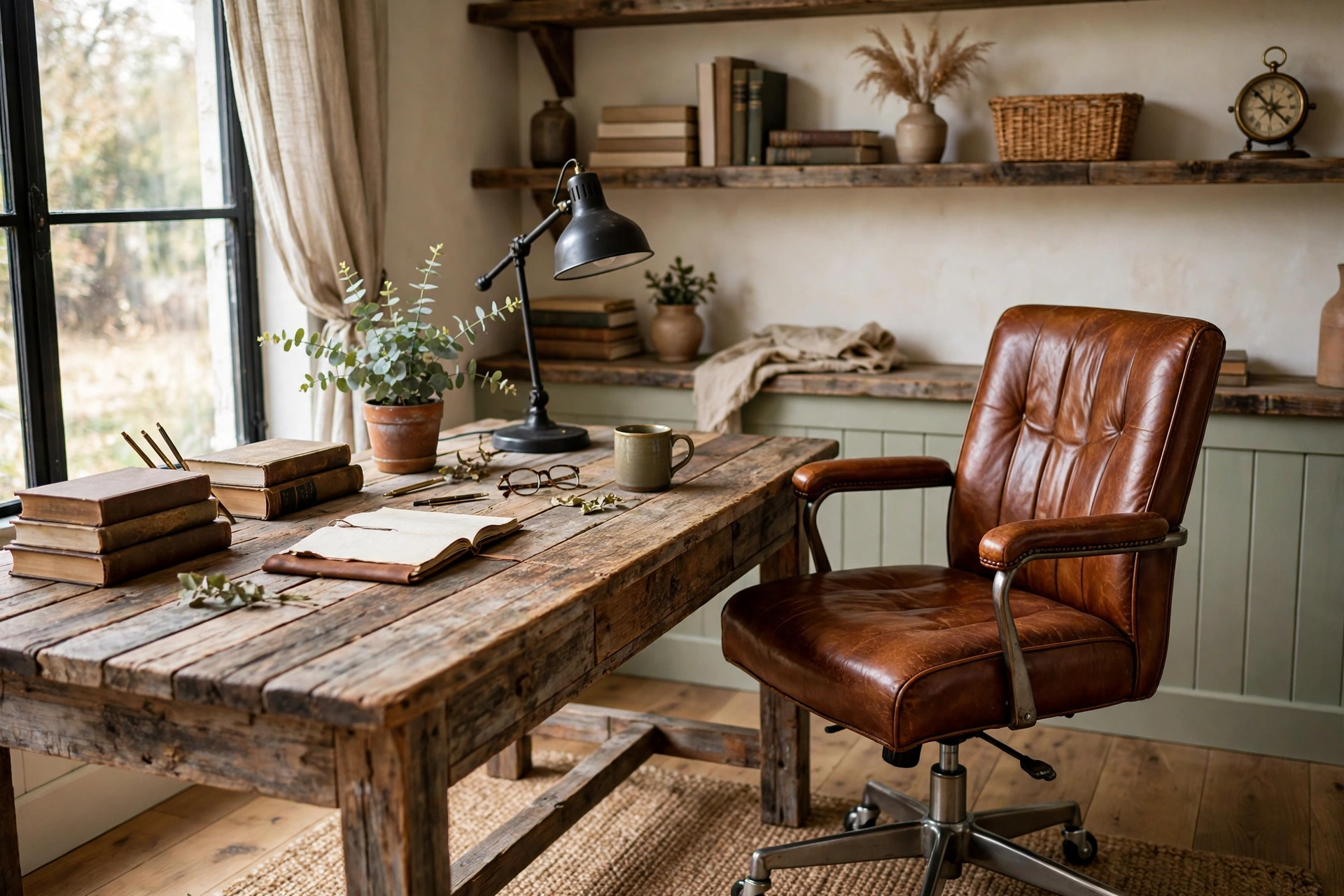 Cognac leather office chair with metal base at an industrial wood desk