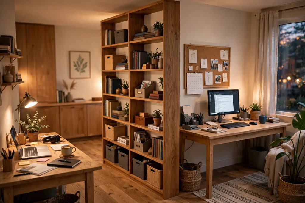Open bookshelf room divider separating two desks in a shared home office
