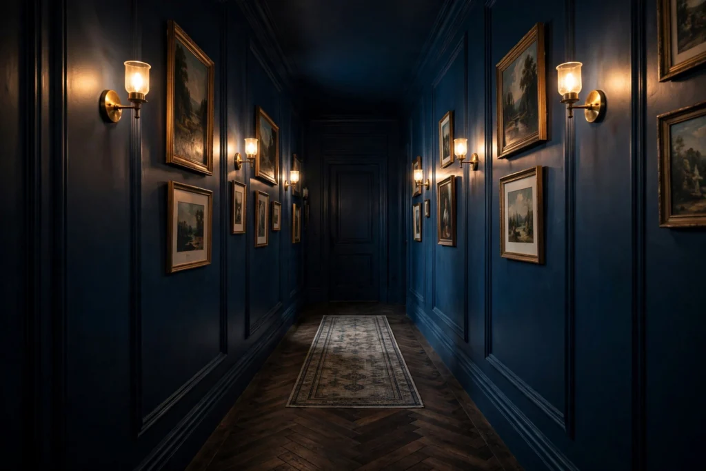 Moody narrow hallway painted inky navy blue with brass wall sconces