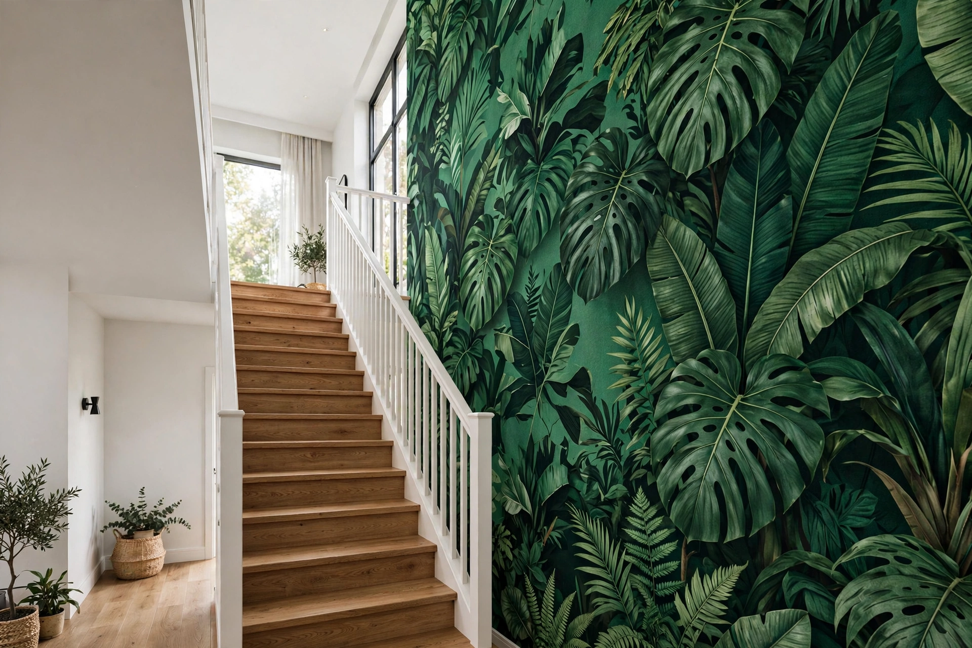 Stairwell walls covered in bold botanical wallpaper climbing alongside a staircase with wooden railing
