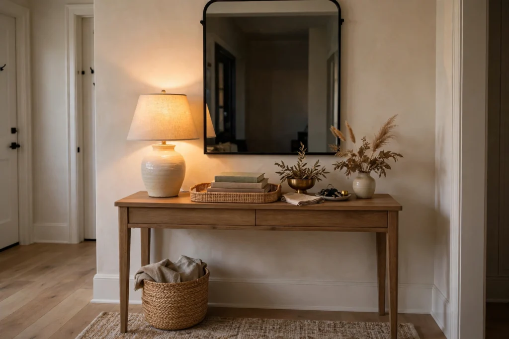 Entryway lighting ideas with a ceramic table lamp glowing warmly on a styled console table