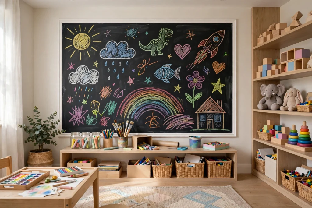 Playroom design ideas with a chalkboard accent wall covered in colorful kid drawings