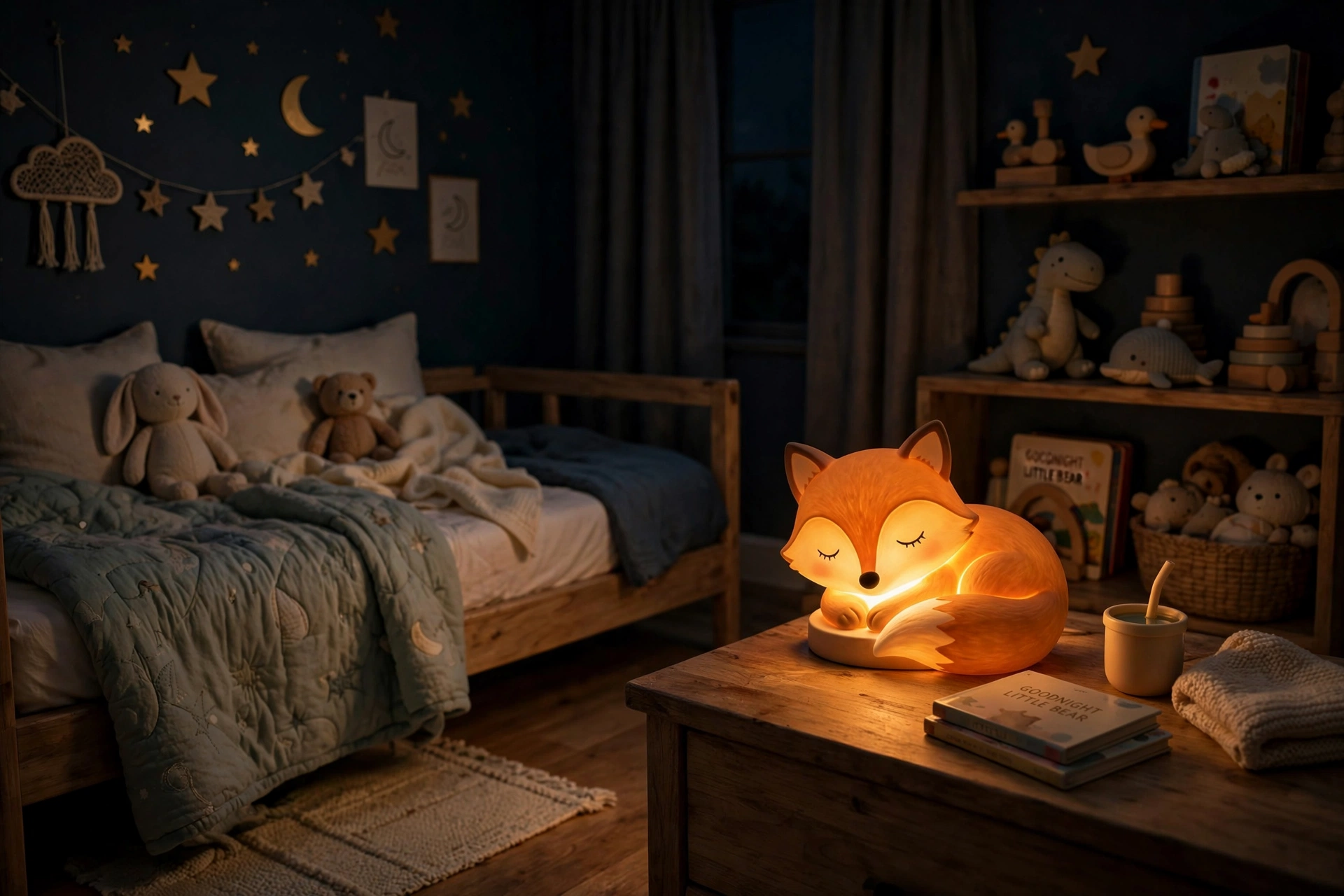 Toddler bedroom design ideas with a warm glowing animal nightlight beside the bed