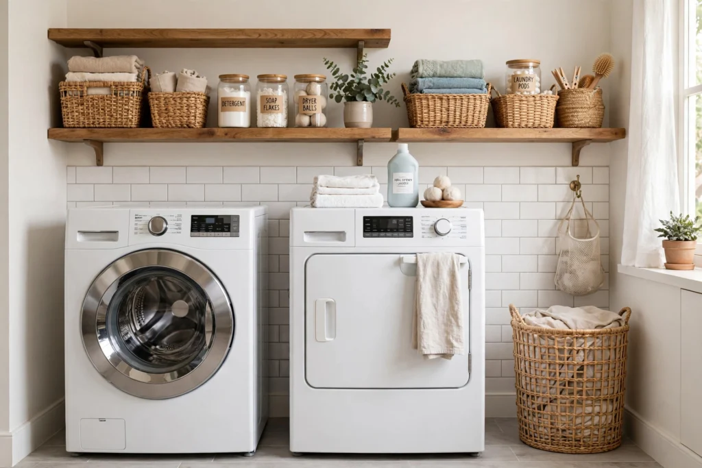 Open wooden shelves with baskets and jars of laundry supplies mounted above washer and dryer