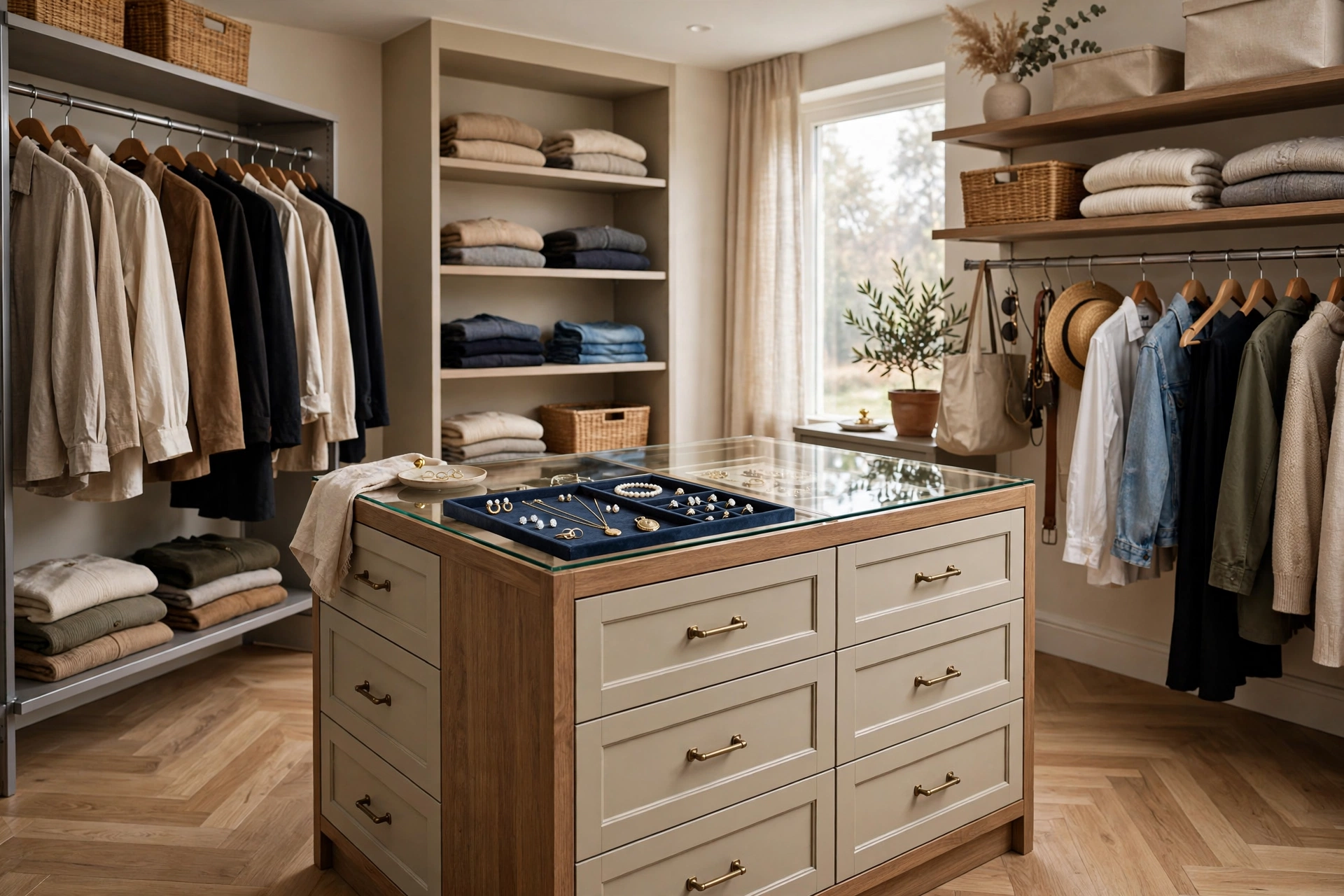 Walk-in closet center island with drawers, glass top display and jewelry tray