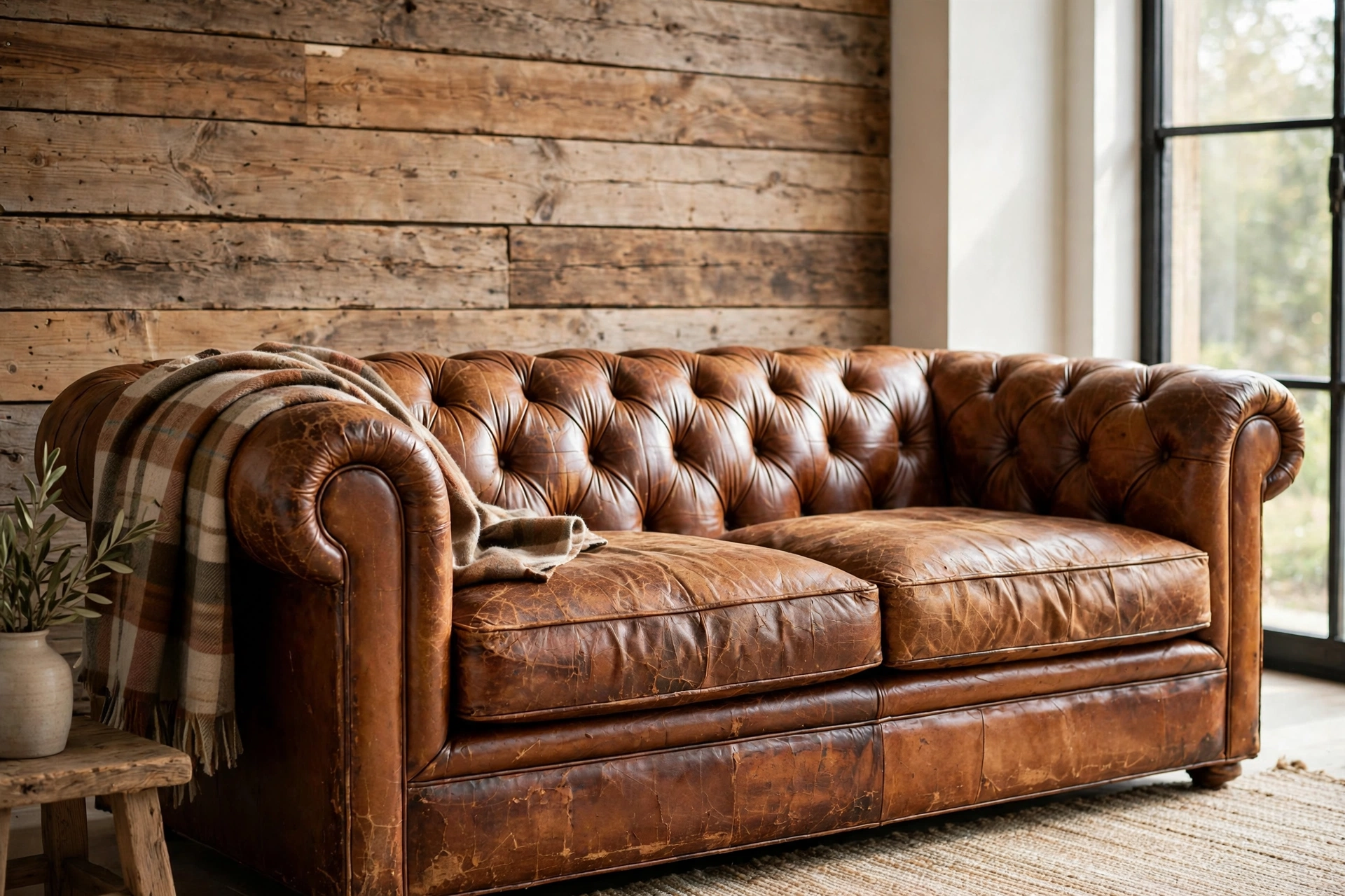 Worn cognac leather chesterfield sofa with plaid wool throw in rustic living room