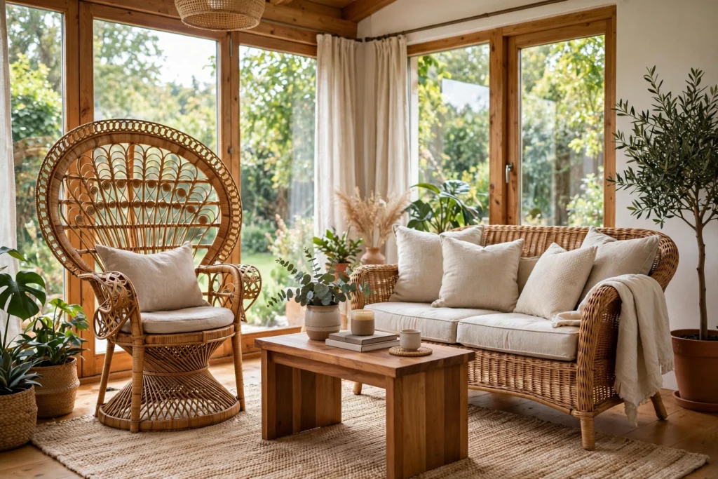 Sunroom with rattan peacock chair, wicker loveseat, teak table and natural textures