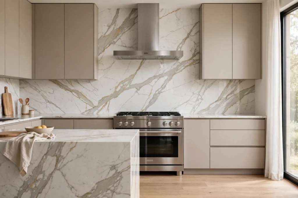 Kitchen backsplash ideas with a seamless Calacatta marble slab running counter to ceiling.