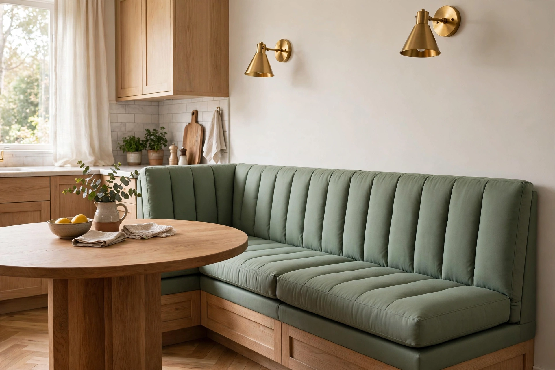 Breakfast nook ideas with a fully upholstered storage bench and performance fabric cushions.