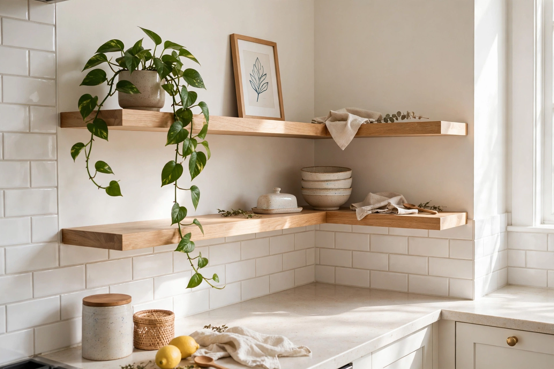 Open kitchen shelving ideas with small corner shelves styled with plants and bowls.