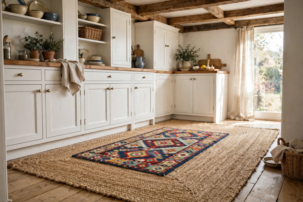 Kitchen rug ideas with a patterned rug layered over a natural jute base.