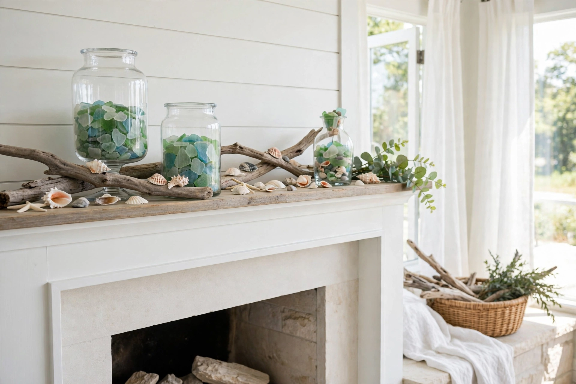 Fireplace mantel decor ideas with coastal shells, driftwood, and sea glass in summer.