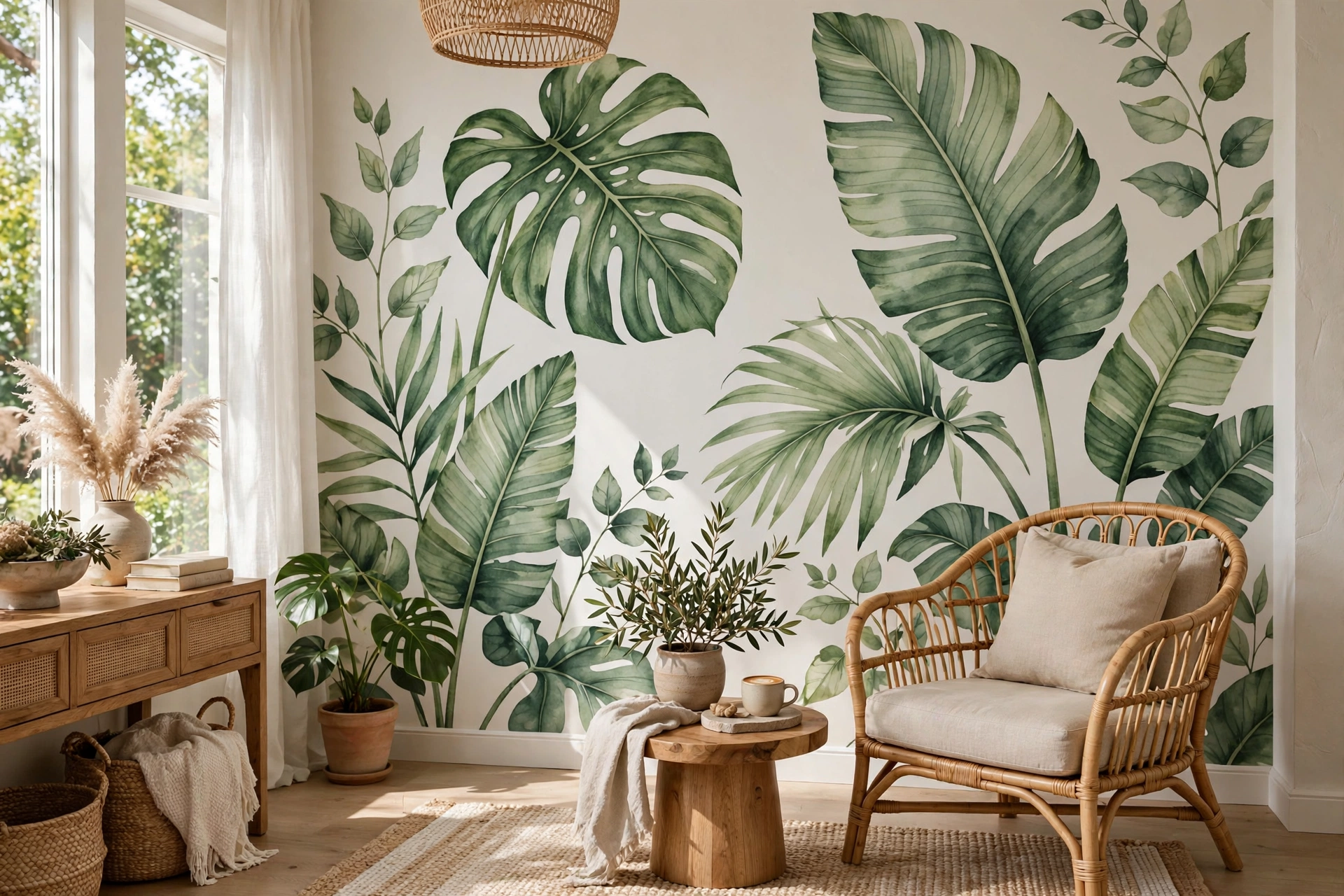 Living room accent wall ideas featuring large-scale botanical wallpaper with oversized green leaves behind a rattan chair.