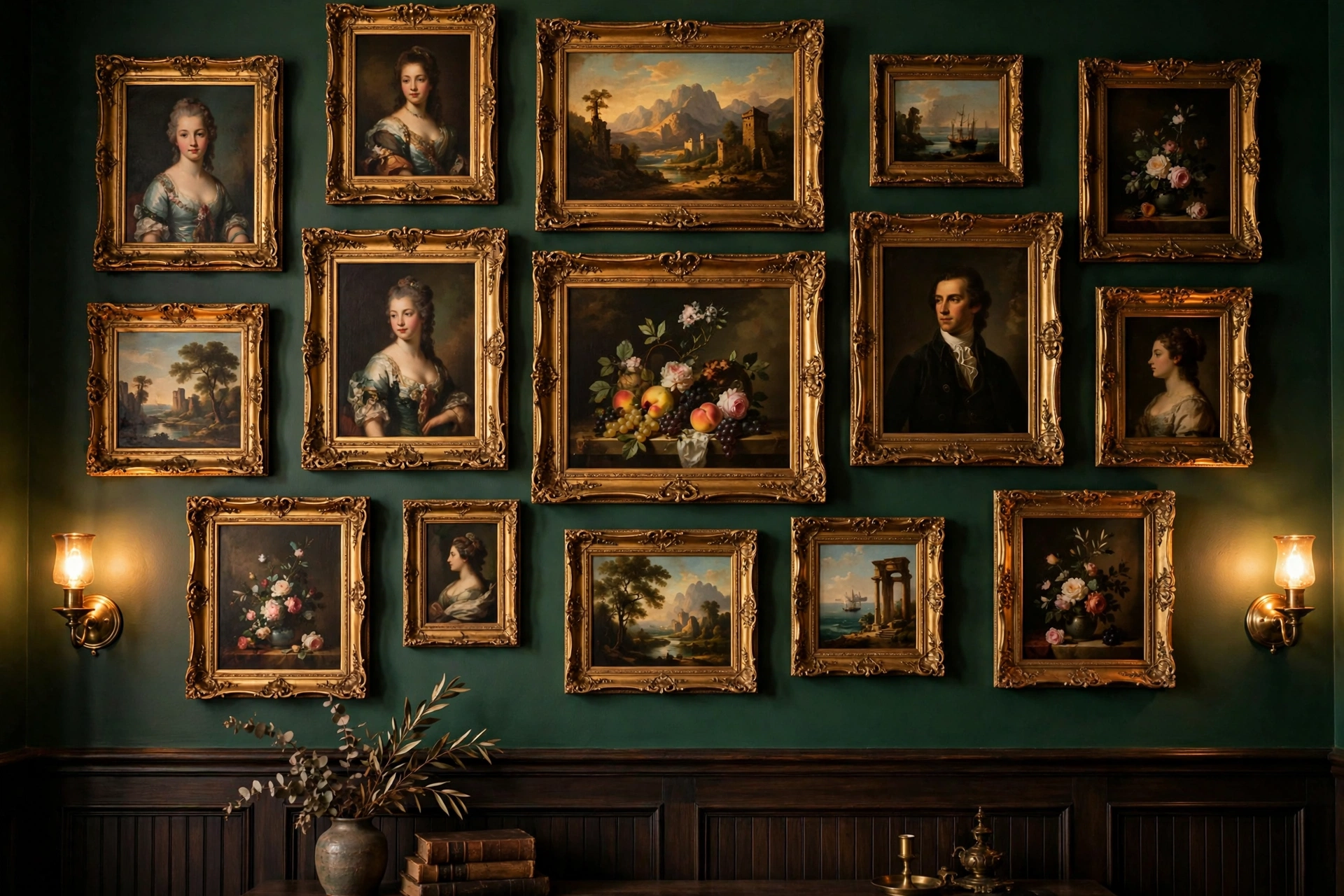 Dark academia living room with a salon-style gallery wall of classical oil paintings in ornate gold frames.