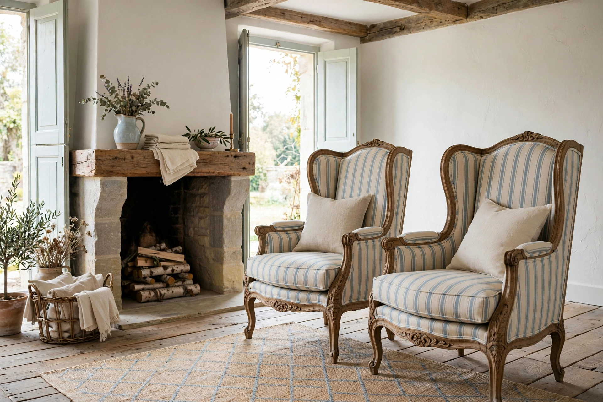 French country living room with a pair of vintage bergère armchairs in striped linen beside a fireplace.