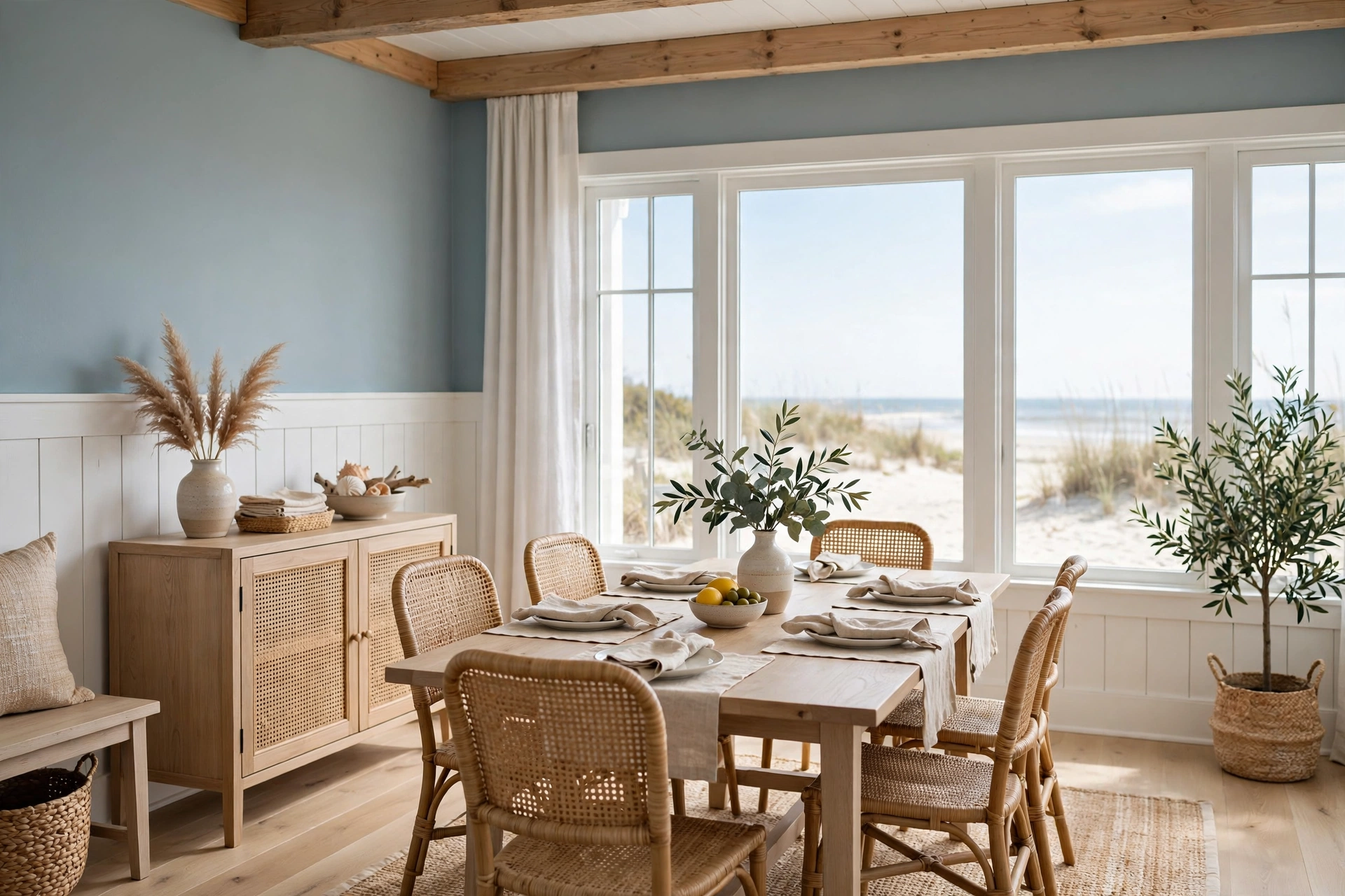 Coastal dining room ideas showing white shiplap walls and a soft blue upper wall in a beach cottage dining room.