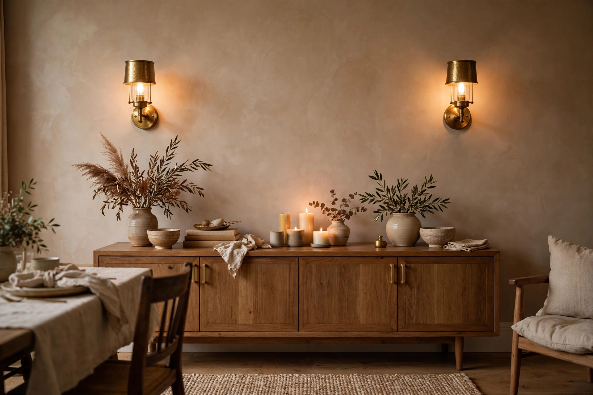 Dining room lighting ideas with brass wall sconces flanking a styled sideboard in a warm dining room.