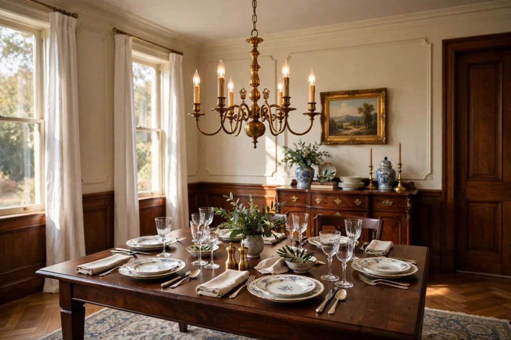 Brass candle-style chandelier hanging above a dark wood dining table set with fine china in an elegant dining room.