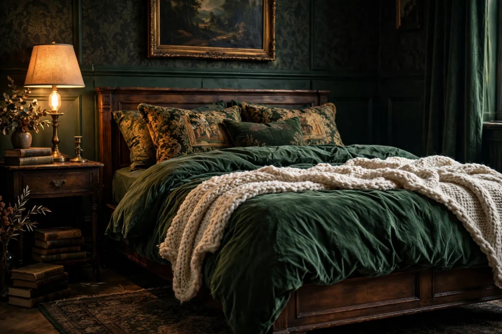 Dark academia bed layered with a deep green velvet duvet, knit throw, and brocade cushions in warm light.