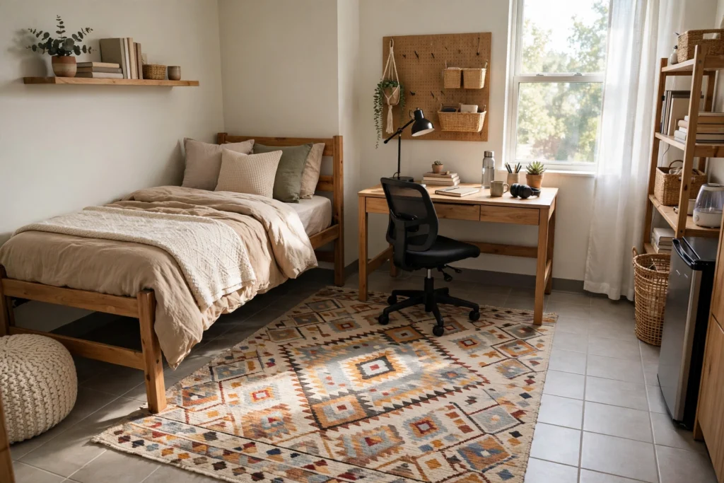 Cozy dorm room with a patterned low-pile area rug anchoring the bed and desk zone on tile flooring.