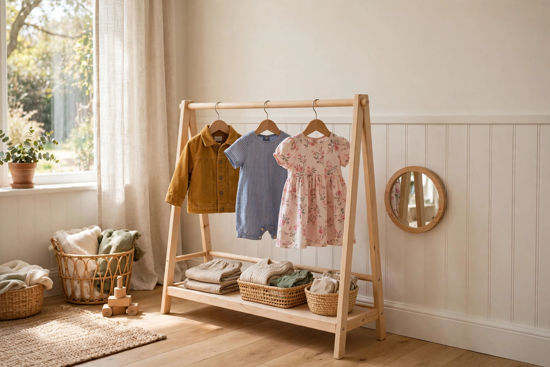 Toddler clothing station with a low wooden rack holding three outfits and a small mirror at child height.